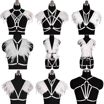 

White Feather Body Harness Bra Belt Chest Top Sexy Cage Neck Shoulder Bondage Pastel Goth Plus Size Pole Dance Party Women Shawl