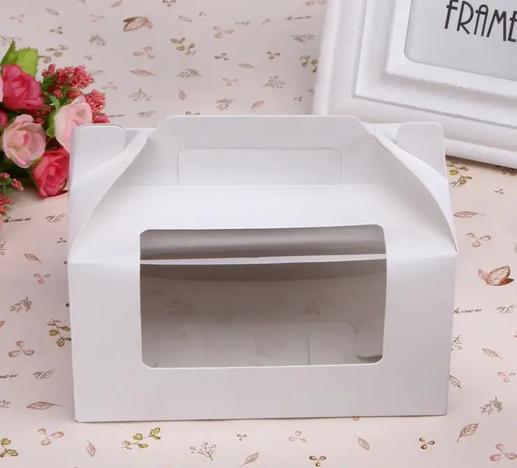 

500pcs 23.5*15*9cm 6 grid White cardboard Paper Muffin window Box with Handle For Candy\Cake\Dessert \party Packing boxes