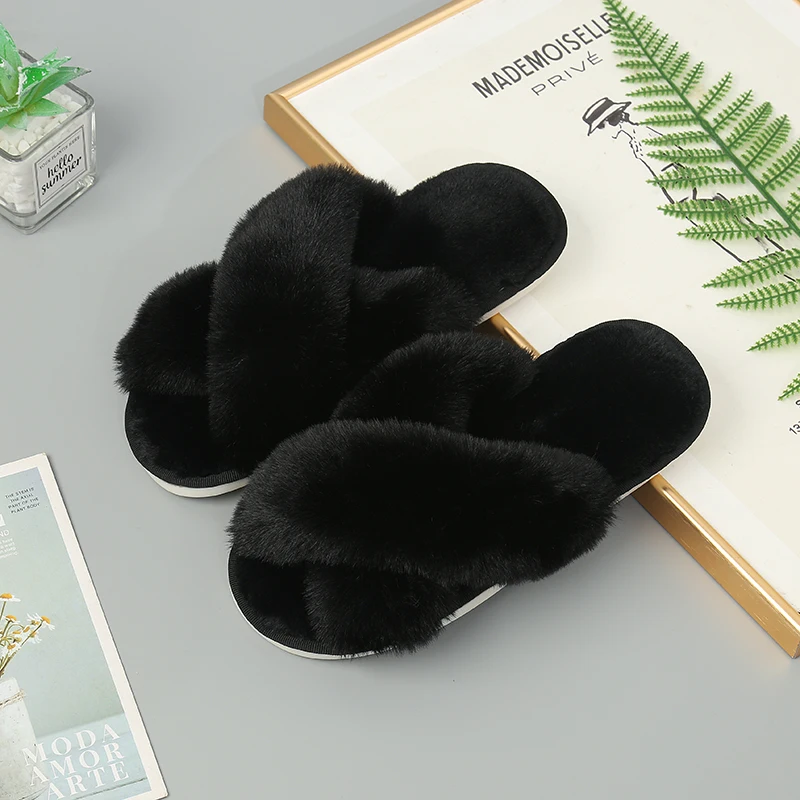 2021 New Winter Faux Fur Indoor Slippers Rabbit Plush Cross-strap Cotton Sandalias Women Flats Sandales Female Shose 