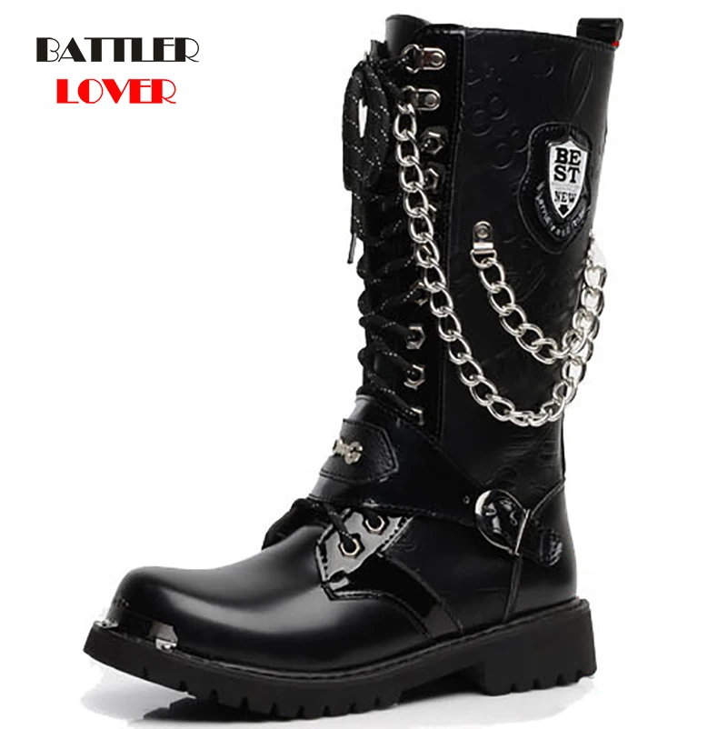 Army Boots Men High Military Combat Mens Boots Mid Calf Metal Chain Male Motorcycle Punk Martin Boots Winter Men