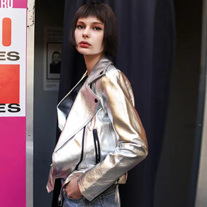 

2019 Spring Silver Leather Jacket Women Washed PU Leather Rivets With Belt Bomber Jacket Motorcycle Biker Coa