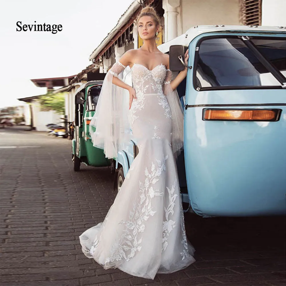 Sevintage свадебное платье русалки с длинным съемным Расклешенным рукавом 2020 Boho sweete