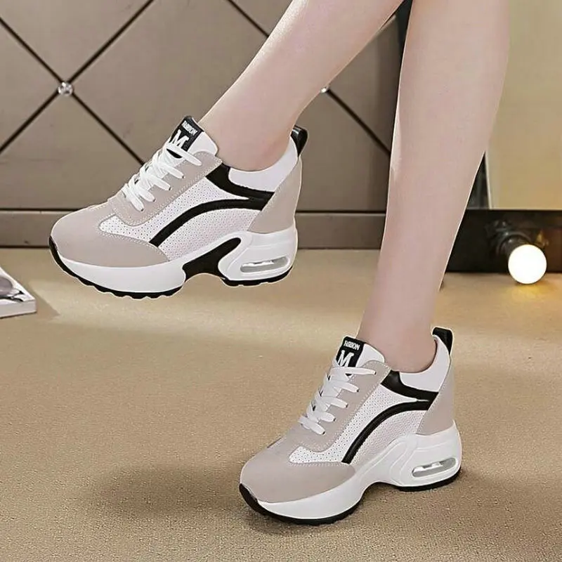 Женская обувь на платформе; zapatillas mujer; повседневная обувь на платформе; женские кроссовки на высоком каблуке 8 см; обувь для увеличения роста - Цвет: black with hole  B