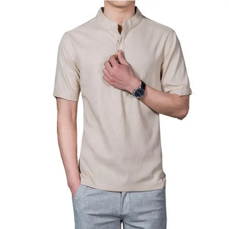 2020! Camiseta con cuello levantado para hombre de manga corta Color sólido estilo chino camisetas lino talla grande 5X|Повседневные