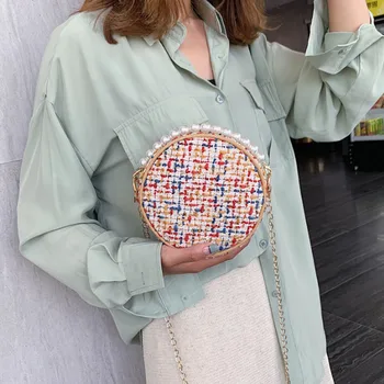 

Brand Hand-woven Pearl Bags Lady Beaded Shoulder Bag Women Party Vintage Handbag Ins Small Print Bag Mini Cross body Bag 2019