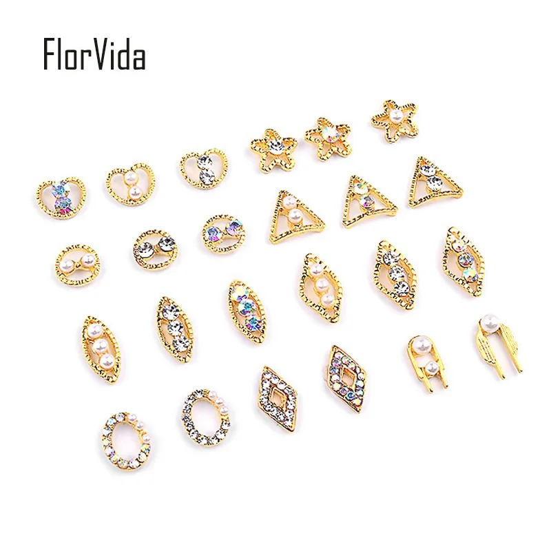 

FlorVida Nail Art Alloy Decoration Gold Metal Bottom With Rhinestones Pearl Decoration Beauty Nail Art 3D Decoration