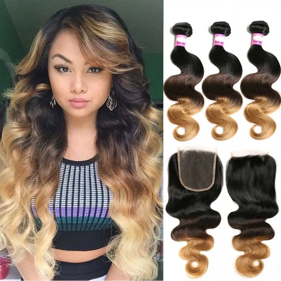 

Blonde Ombre Body Wave Bundles With Closure Brazilian Hair Weave 3 Bundles With Closure Remy Human Hair Bundles With Closure