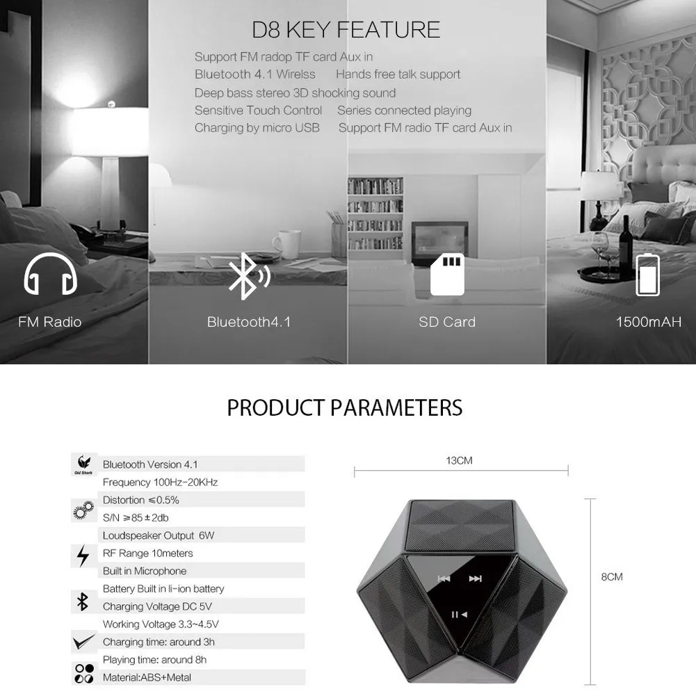 Сенсорный динамик D8 мини высокое качество NFC Bluetooth динамик открытый радио динамик Поддержка TF карта функция вызова черный