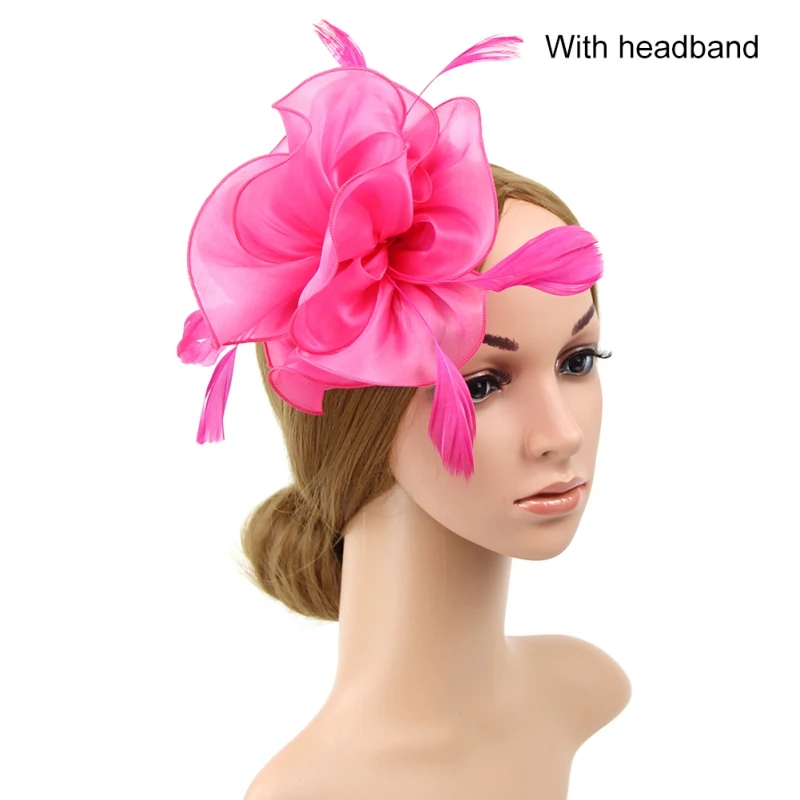 MR Lady Wedding Fascinators Hat with Big Flower Feather Net Yarn Headband Party Beautiful and Attractive Headwear Accessories - Цвет: MR