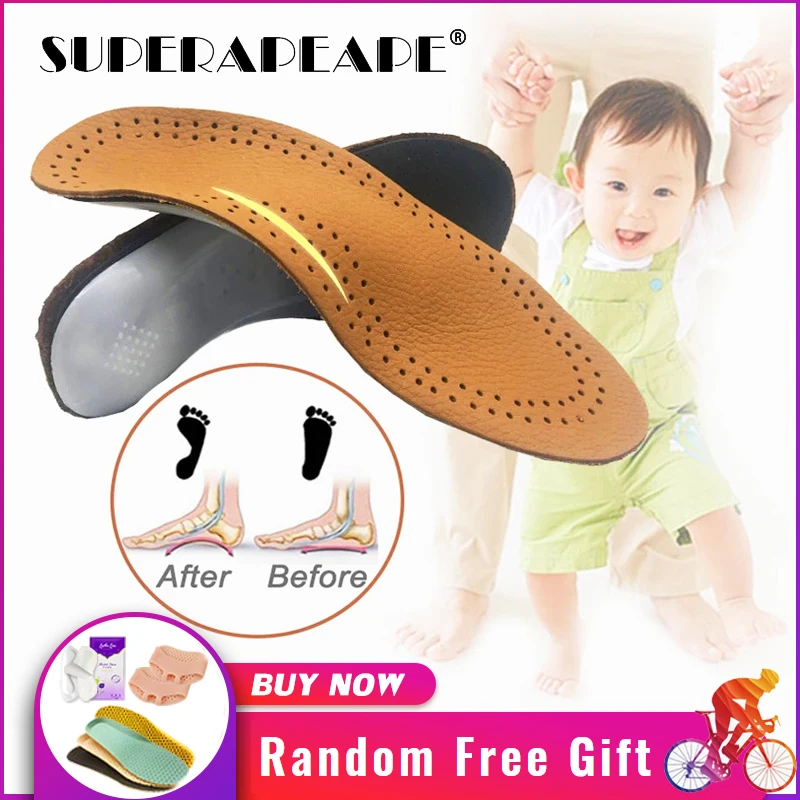 Leather 3D Orthotic Insoles flat feet for kids and Children Arch Support insole for X Legs child