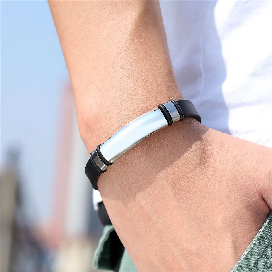 Bangle bracelet stainless steel bracelet Women Men Stainless Steel Buckle Bracelets White and Black Silicone Bangles Sports Wristband Fashion Jewelry Pulsera Hombre