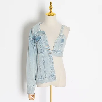 

HIGH STREET Newest Fashion 2020 Designer Blouse Women's Asymmetry Denim Coat Top