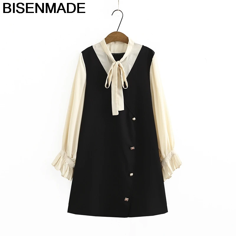 

BISENMADE Oversize Women's Autumn New Loose Chiffon mid-length Stitching Dress