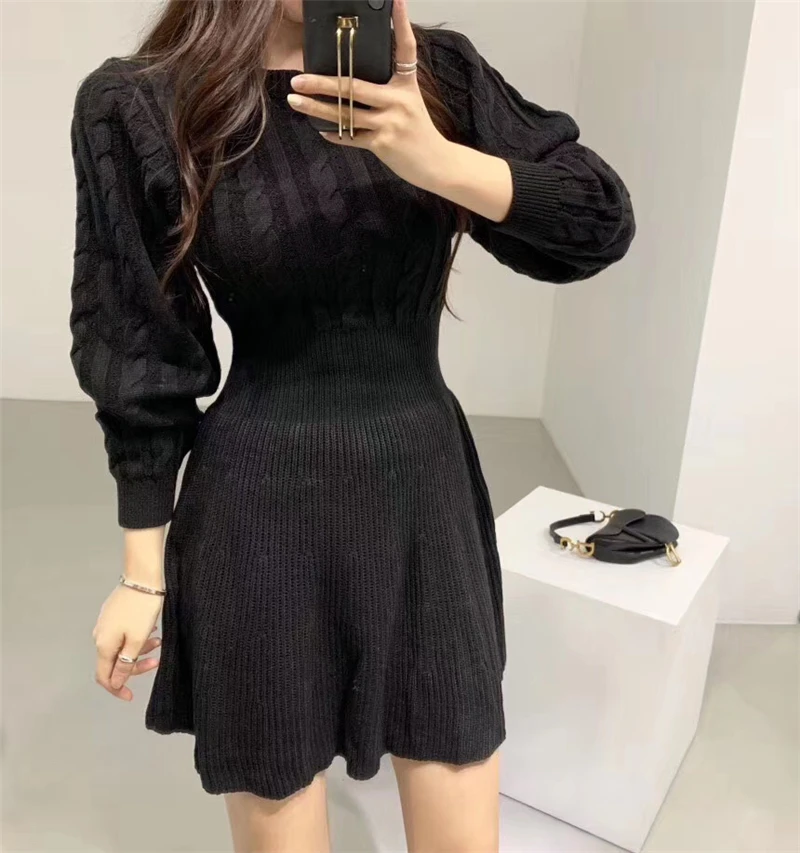 Fashion Autumn Winter Knitted Dress Women Twist Pattern Pleated Dress Elegant Solid Lantern Sleeve Tunic Sweater Dress Vestidos