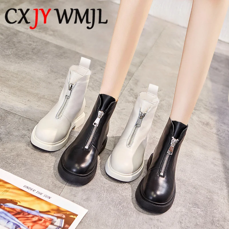 

Women Ankle Boots Front Zipper Leather Winter Boot Internal Increase Wedge Shoes Fashion Female Keep Warm Platform Black Booties