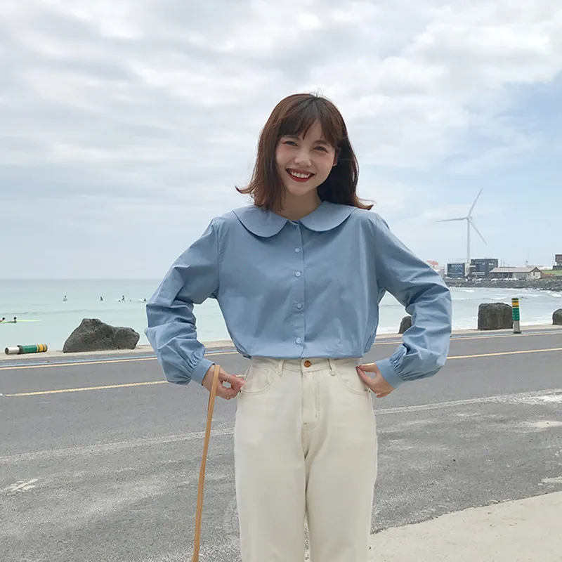 

2 colors solid color shirt preppy style peter pan collar long sleeve blouses womens tops and blouse 2019 (F3776)