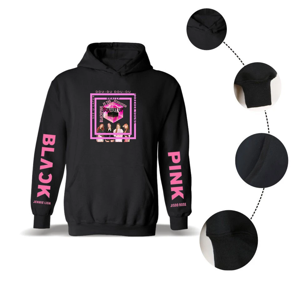 Черные розовые толстовки Kpop с капюшоном размера d Kawaii женские свитшоты для женщин член Jisoo 95 Черный Розовый хип-хоп одежда размера плюс