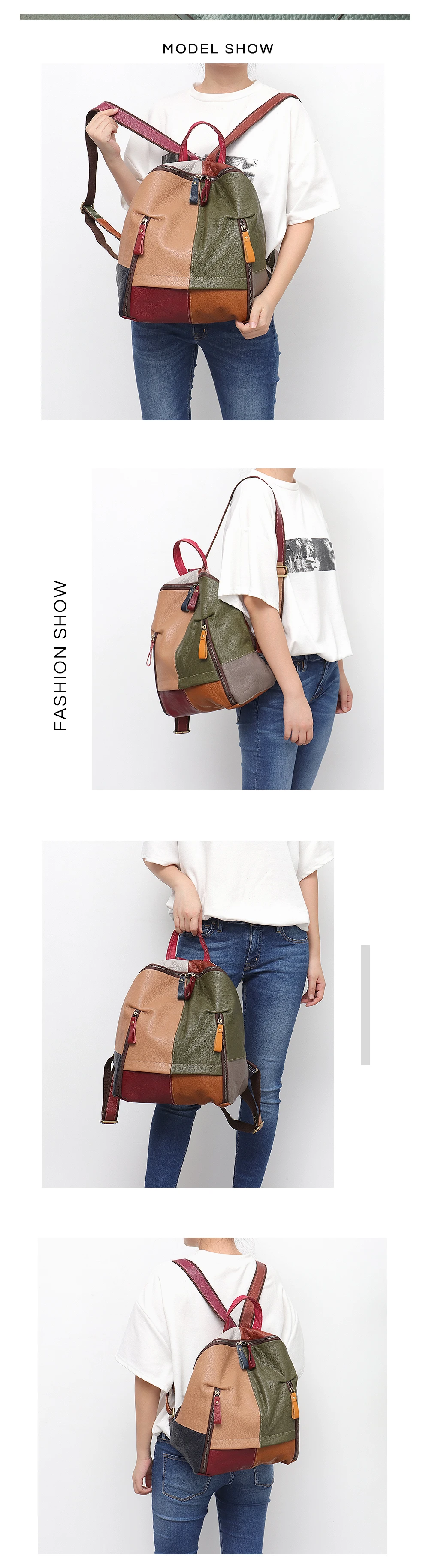 SC Vintage Patchwork Real Leather Women Backpacks Travel Shoulder Bags School Pack Retro Color Plaid Functional Pockets Knapsack elegant backpack