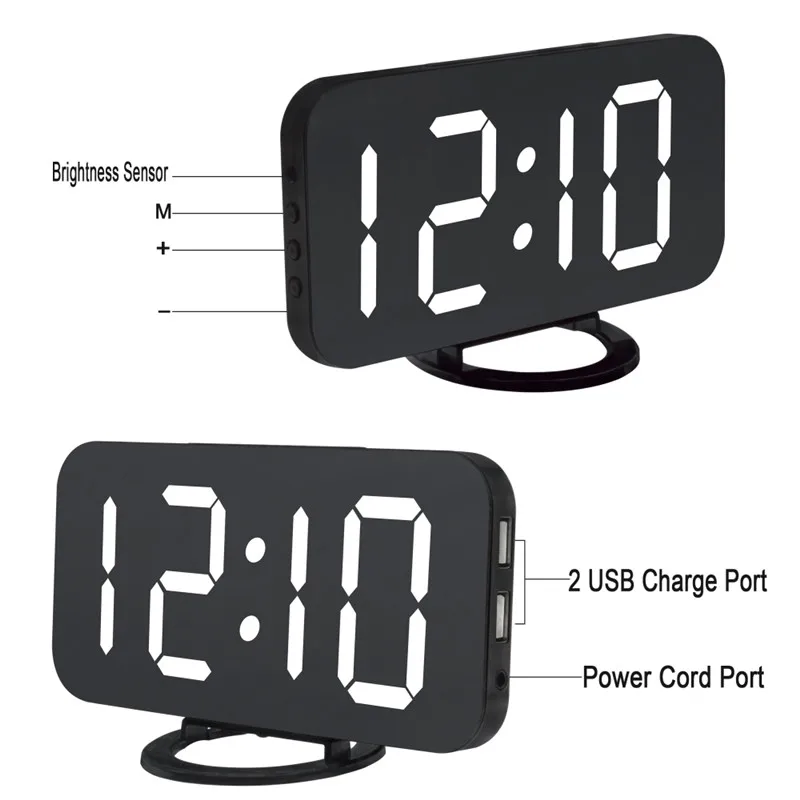 Digital LED Alarm Clock Snooze Display Time Night Led Table Desk 2 USB Charge Ports for iphone Androd Phone Alarm Mirror Clock