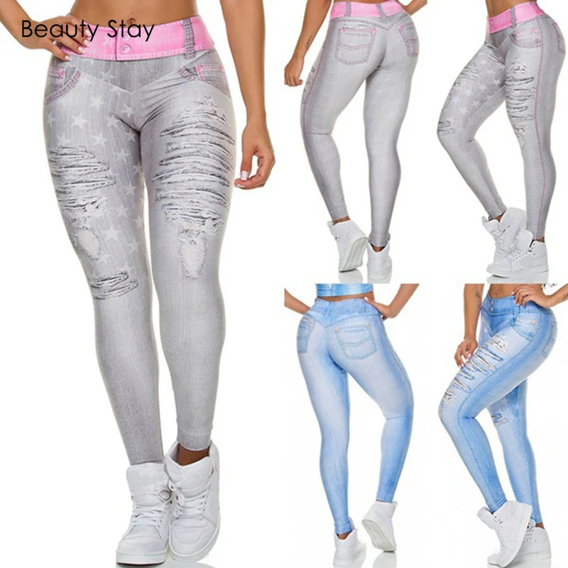Beauty Stay женские леггинсы с цифровой печатью джинсовые элементы Бесшовные Джинсы Высокая талия обтягивающие пуш-ап карандаш эластичные узкие брюки