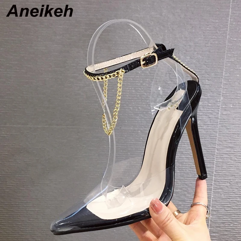 

Aneikeh NEW 2020 Summer Rose PVC Gladiator Sexy Sandals Shoes Woman High Heel Peep Toe Chain Buckle Party Shoes Thin Heels Pumps