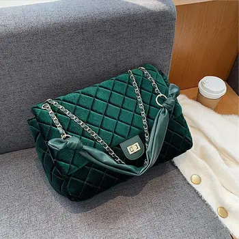 

New 2020 Trend Women's Big Plaid Velvet Chain Shoulder Bag Crossbody Bag Female Large Capacity Handbag And Purse Luxury Designer