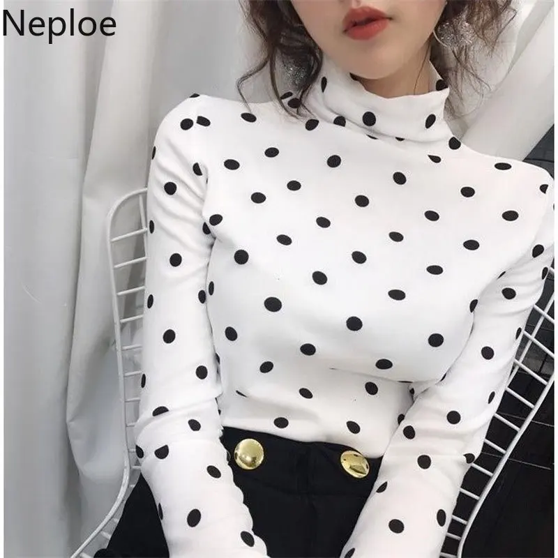 

Neploe Korean Turtleneck Thick Dot Student T Shirt Slim Fit Wild Bottom Print Tees Women Simple Slim Autumn Ladies Top 46091