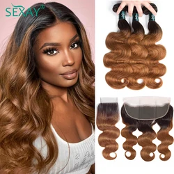 Sexay Body Wave Hair 4 Bundles With Frontal Pre Plucked Remy Peruvian Human Hair Ombre #30 Blonde Weave With 4x4 Lace Closures