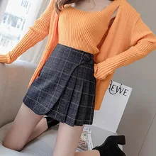 Зимние трапециевидные плиссированные юбки, Женская клетчатая юбка с высокой талией, Женская шерстяная клетчатая плиссированная юбка в студенческом стиле 11,27