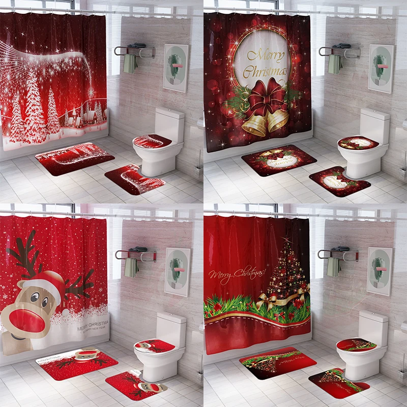 

180*180CM Waterproof Bathroom Screen Christmas Bell Deer Printing Shower Curtain Toilet Cover Mat Non-Slip Rug Set Decor DW087