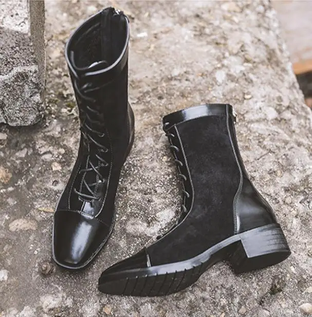 British Motorcycle mid-calf botines block heels women cross-tied plush martin riding boots back zipper brand short bottes femme - Цвет: black no plush