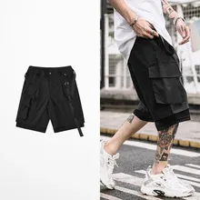 Новая модная шелковая лента мужские шорты хип-хоп Высокая Уличная шорты скейтборд Авангард длина до колен Карго карманы шорты мужские