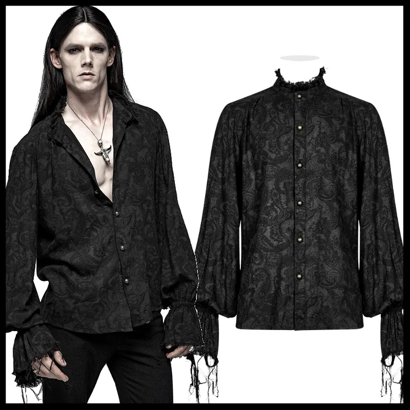 

PUNK RAVE Men Decadent Gothic Printed Black Shirt Fashion Men's Loose Punk Party Cosplay Blouse Men Retro Long Sleeve Blouse