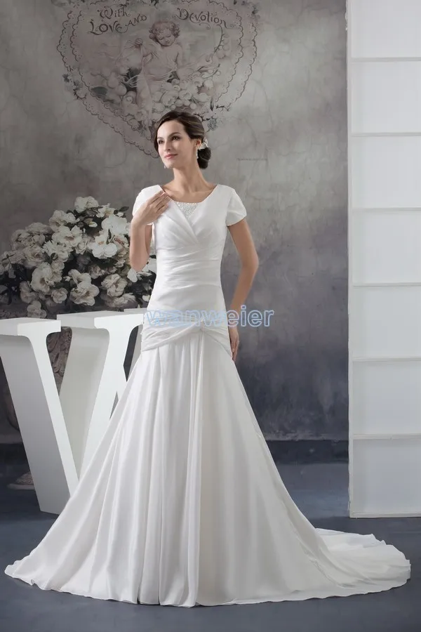 

free shipping 2016 new design custom size/color bridal gown short sleeve small train white beading Mother of the Bride Dresses
