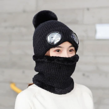 

Warm Winter Skullies Beanies Glasses Knitted Scarf Hat Women Winter Ladies Ball Ski Wool Fur Mask Face Neck Protection Caps