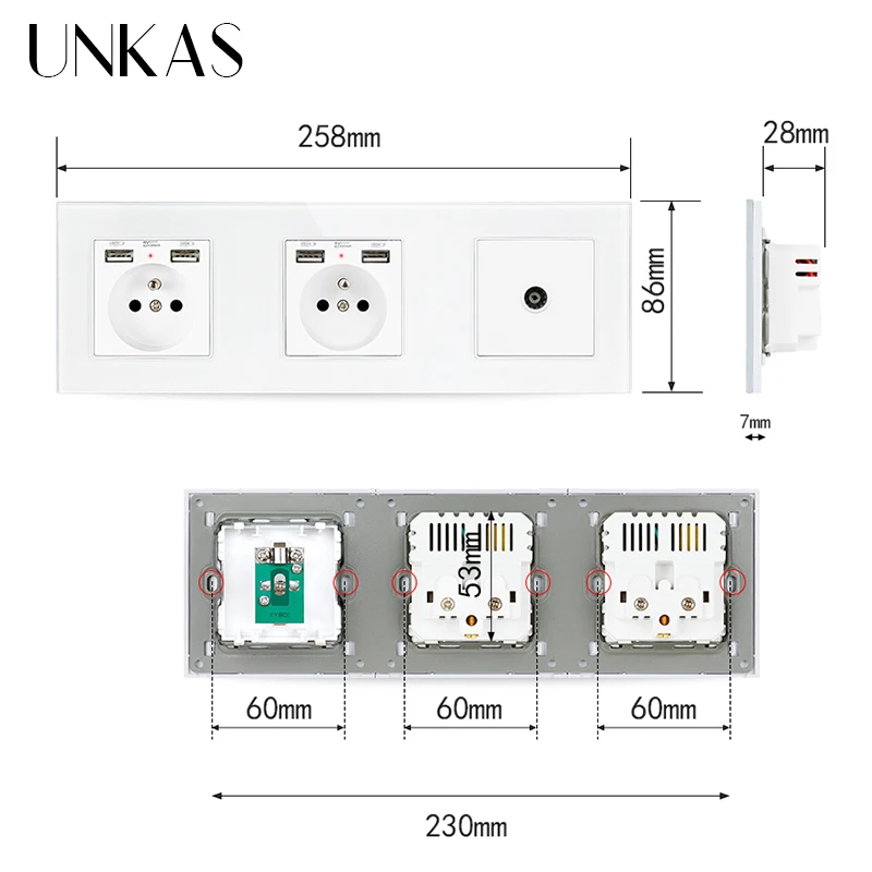 Двойная французская стандартная розетка со стеклянной панелью UNKAS с 4 USB портами