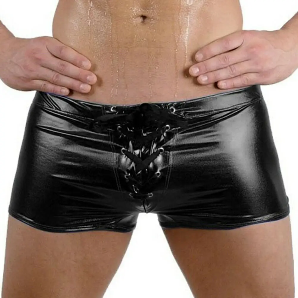 Sexy Men's Boxer Briefs Lingerie Wet Look Leather Shorts Club Underwear Swimwear |