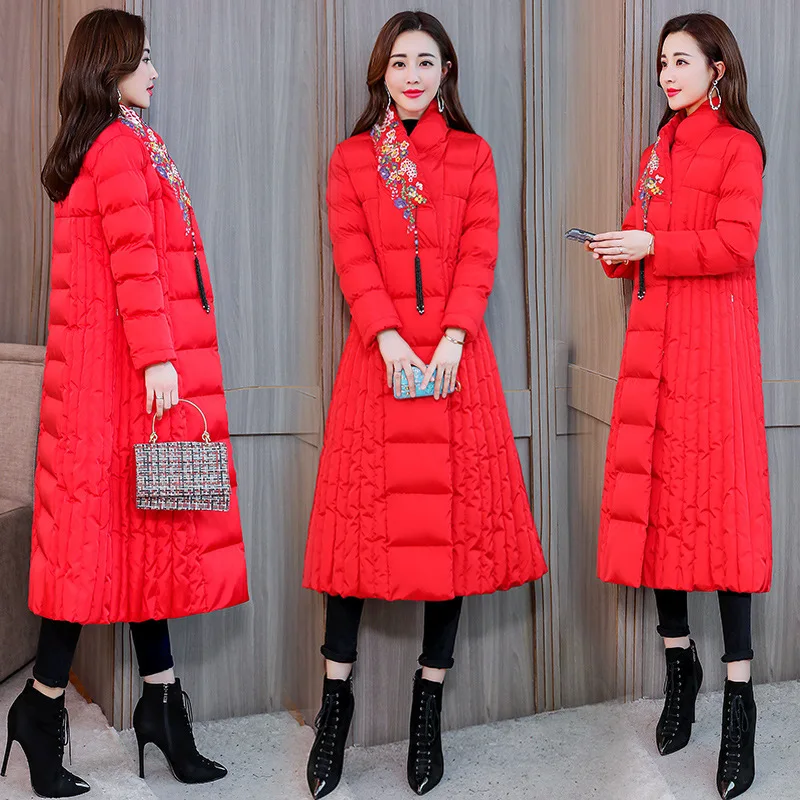 

2018 Winter Retro National Wind Cotton-padded Clothes Women's Mid-length over-the-Knee Embroidered down Jacket Cotton-padded Clo