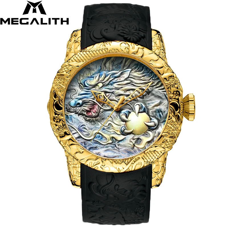 Koop MEGALITH Mode Mannen Horloge Top Luxe Merk Gouden Draak Sculptuur Horloge Mannen Quartz Horloge Waterdicht Grote Wijzerplaat Sport Horloges Man