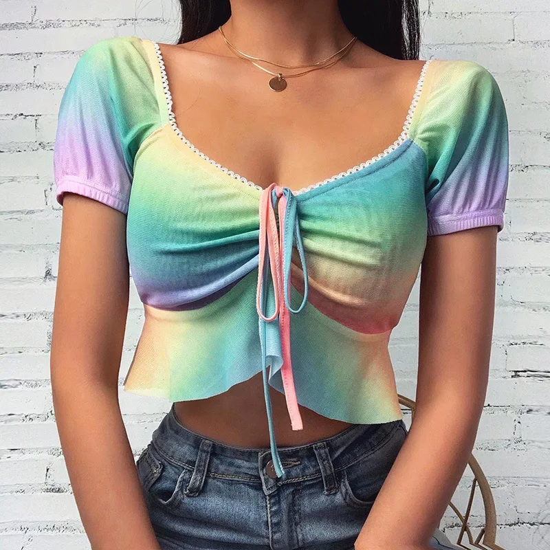 Sexy Mesh Rainbow Print Bandage Drawstring Slim Crop Top 2020 Summer Women Lace Up Ruffles Short Sleeve T Shirt Female Outfits | Женская