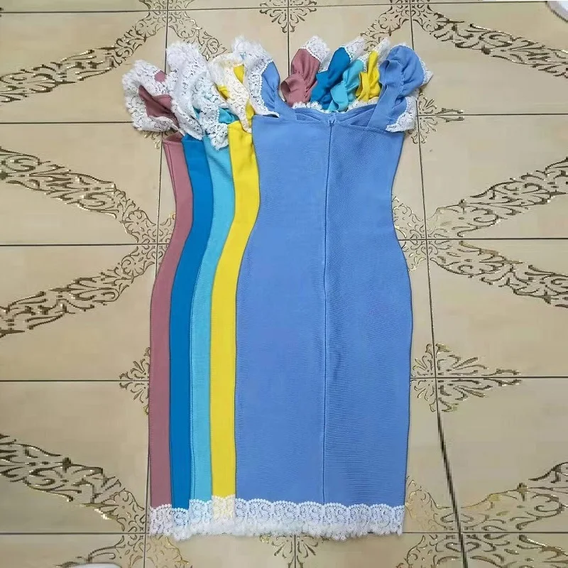 Новое поступление модное кружевное платье с оборками женское летнее сексуальное платье без рукавов с v-образным вырезом облегающее одноцветная со шнуровкой вечерние платья