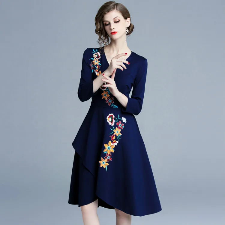 KAUNISSINA Retro Party Dresses Elegant A-Line Cocktail Dress 3/4 Sleeve Embroidery Knee Length Vestidos Femme Autumn