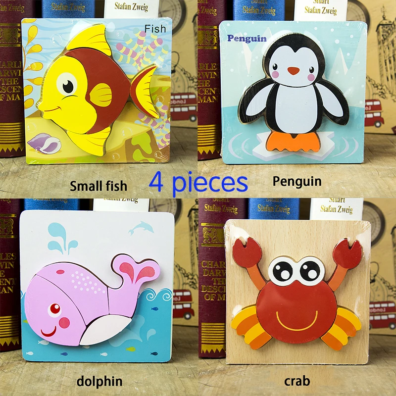 

Wooden puzzle 4 pieces of marine animal educational toy combination / children's early education toy gift free home delivery