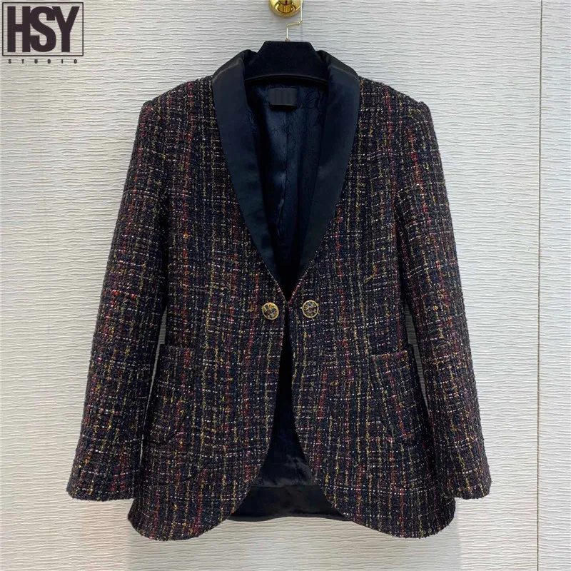 【HSY】2019 Осень Новый женский костюм куртка ацетат лацканы сшивание одна кнопка черный золотой твид Camellia подкладка блейзер