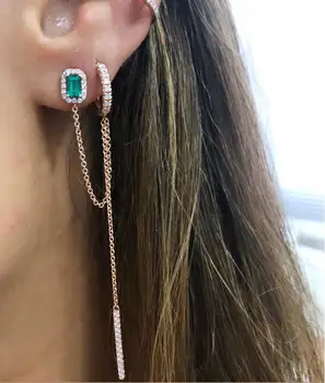

double piercing silver color rose gold clear green baguette cubic zirconia long chain tassel earring 2020 new