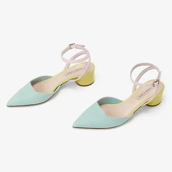 

2019 autumn new fashion simple color matching high heels women retro style elegant pointed toe thick with single shoes