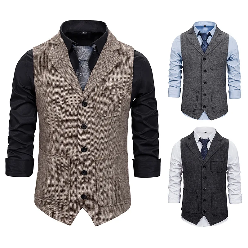 Chalecos de vestir para hombre, traje ajustado, chaleco con solapa y cuello de pico, de lana, informal, Formal, de negocios, con diseño de espiga, para boda