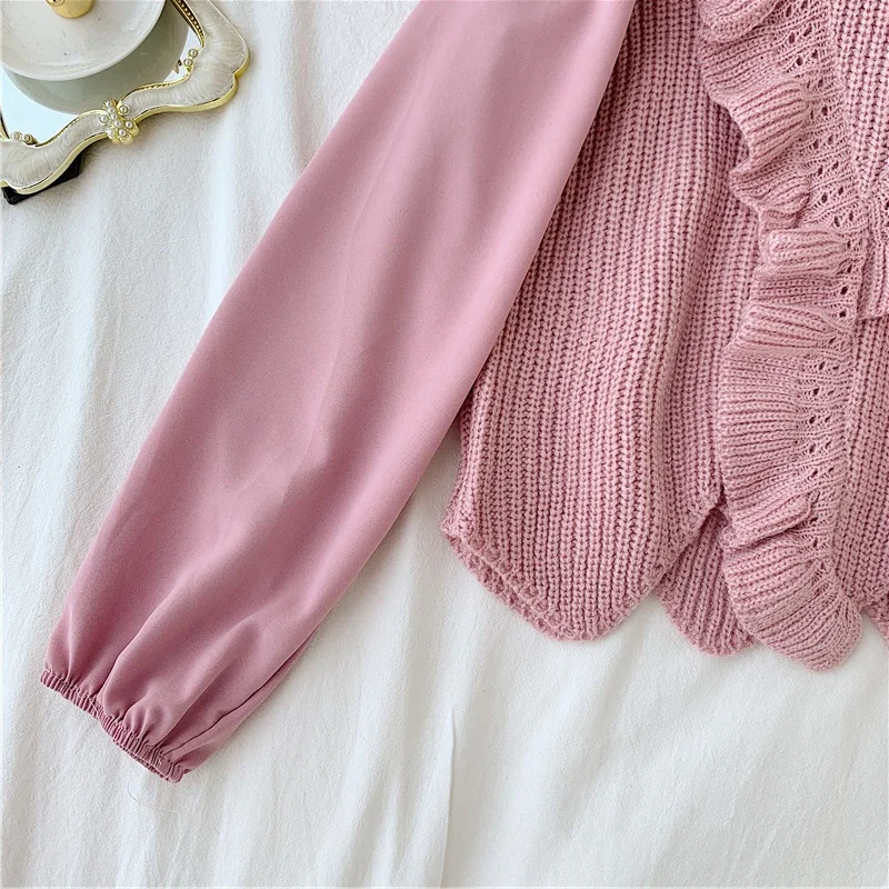 Neploe Pull Femme вязаный свитер с оборками и круглым вырезом с длинным рукавом осень зима милый пуловер свитера женский джемпер Трикотаж 55171
