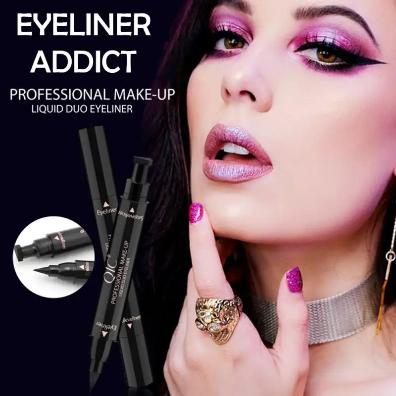 QIC Double-headed Seal Eyeliner Liquid Makeup Pen Waterproof Lasting Cat Eye Liner Stamp Black 2 In 1 Wing Eyeliner TSLM1