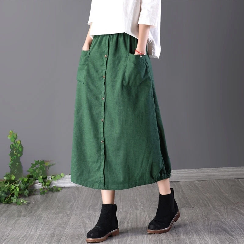 

Spring New Arts Style Women Skirt Solid Vintage Loose A Line Skirt Elastic Waist Cotton Linen Button Midi Skirt Plus Size D434